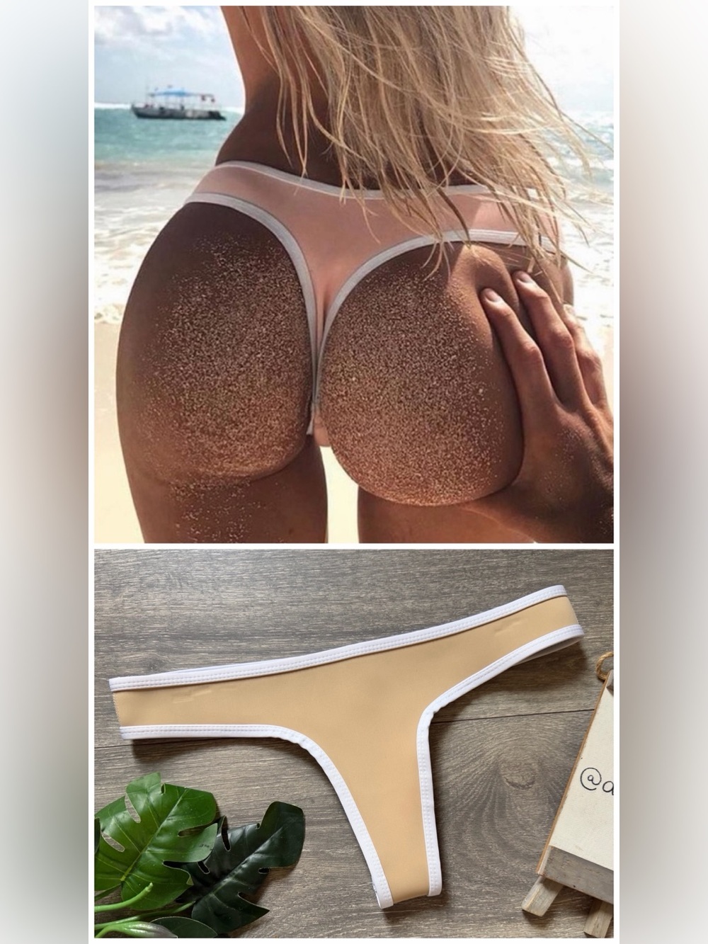 Hoaka Swimwear Bootykini Beige Neoprene Contrast Trim T Back Bikini Bottom. S